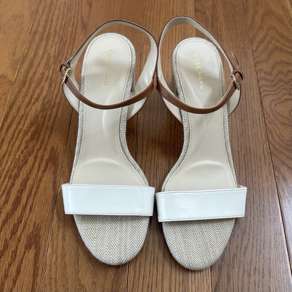 Cole Haan Women's Josie Block-Heel Sandals Ivory/Brown Size 8.5